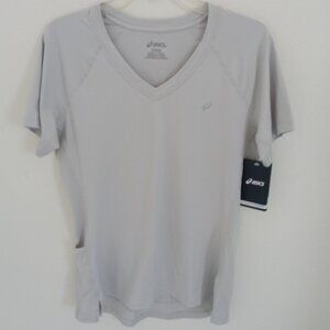 Asics grey v-neck short sleeve running top, size Large